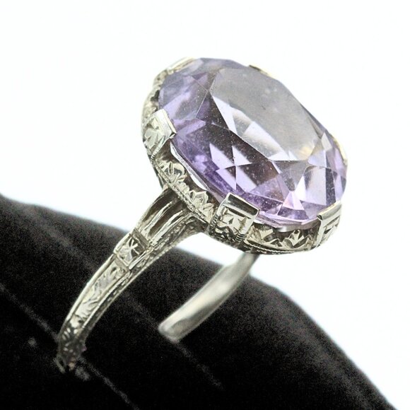 Opulent Antique Edwardian 14K White Gold Amethyst Ring Sz 8. - Picture 3 of 10